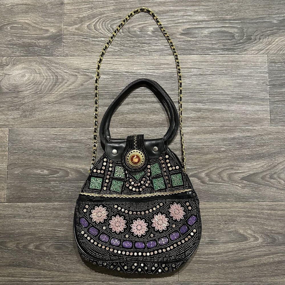 Vintage Black Beaded Bag Floral Geometric Gold Chain Strap Zipper Handbag